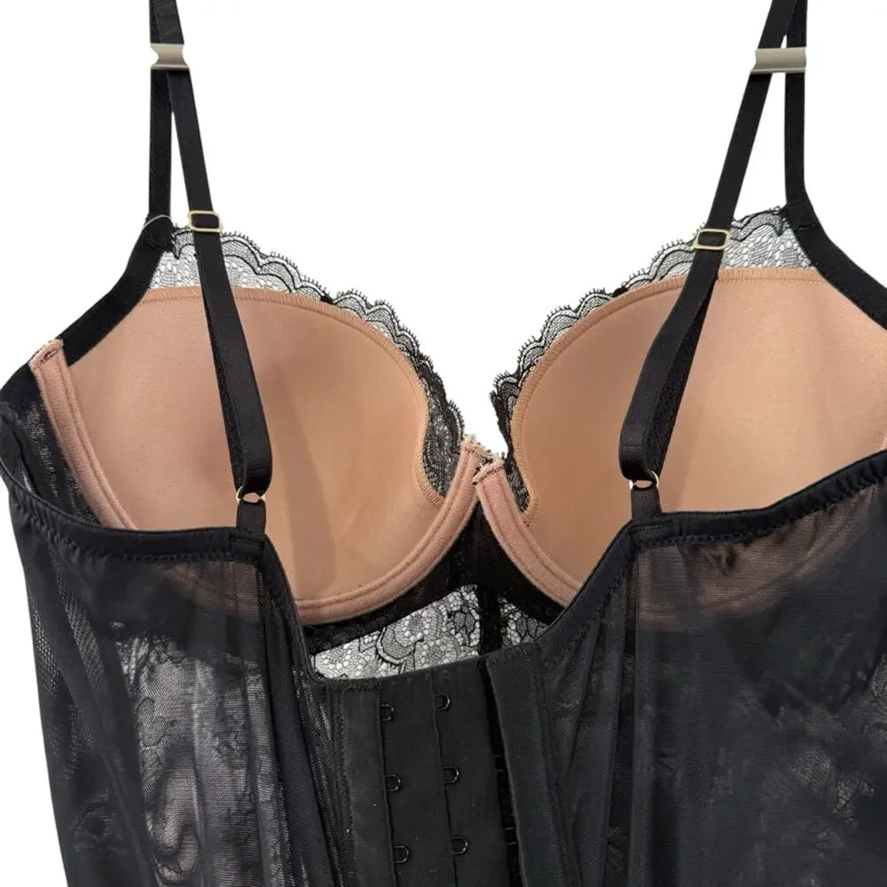 NWT Natori 36B Chantilly Lace Black Buff Longline Bustier Mesh Lingerie